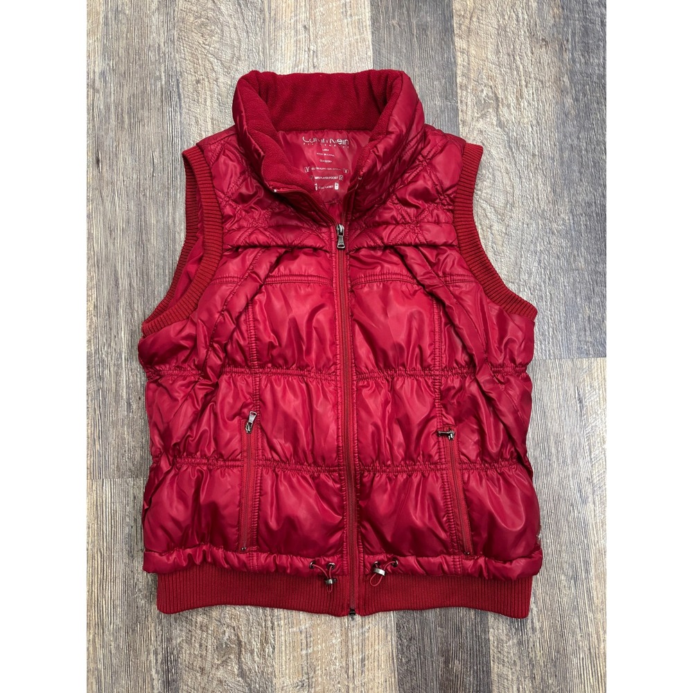Calvin Klein Performance Womens Red Quilted Puffer Vest Fleece Collar Large